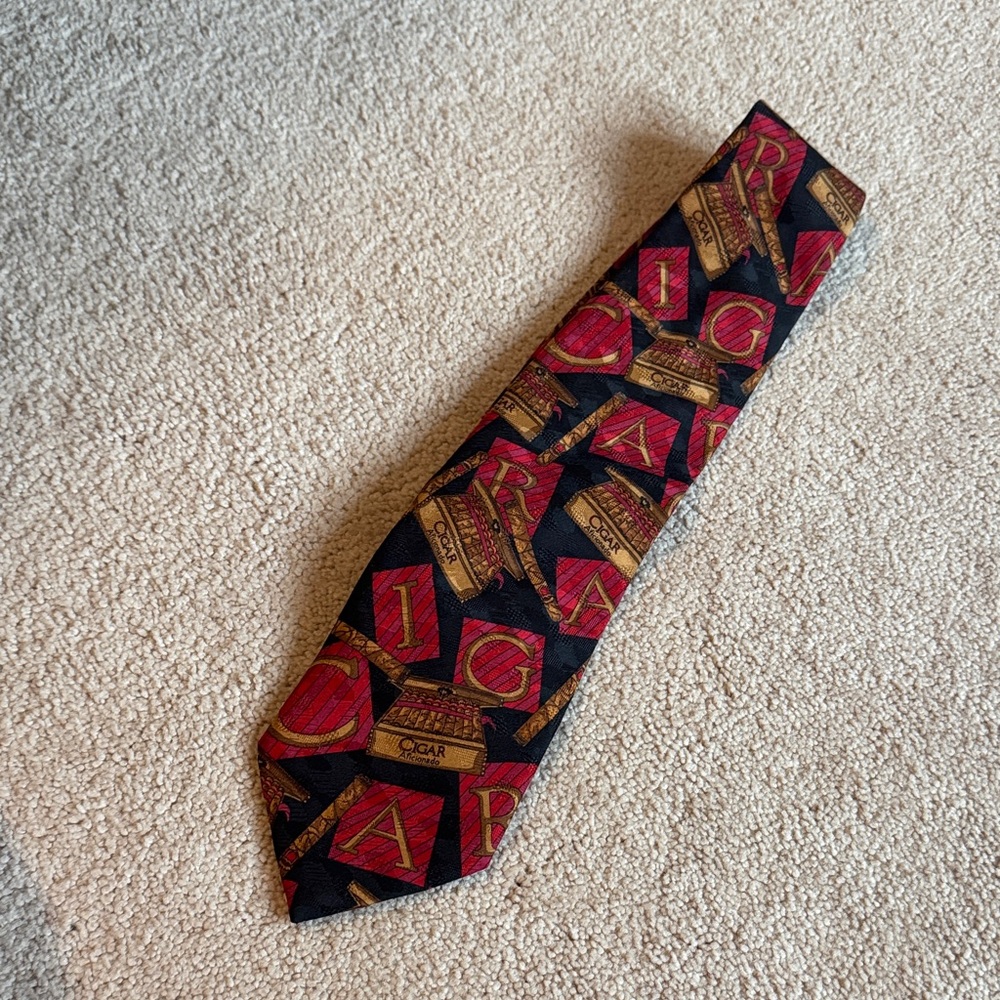 Men's Patterned Black Tie with Red and Gold Cigar Motif